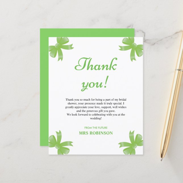 Green Bow Bridal Shower Thank You Card (Fram/Back In Situ)