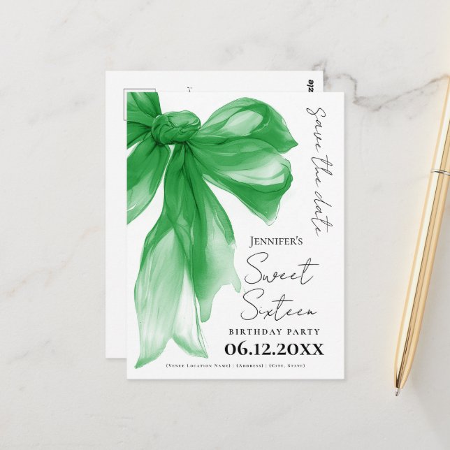 Green Bow Coquette Sweet 16 Save the Date  Vykort (Fram/Back In Situ)