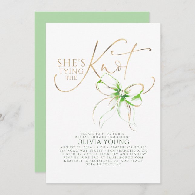 Green Bow Elegant Modern Minimalist Bridal Shower Inbjudningar (Fram/baksida)