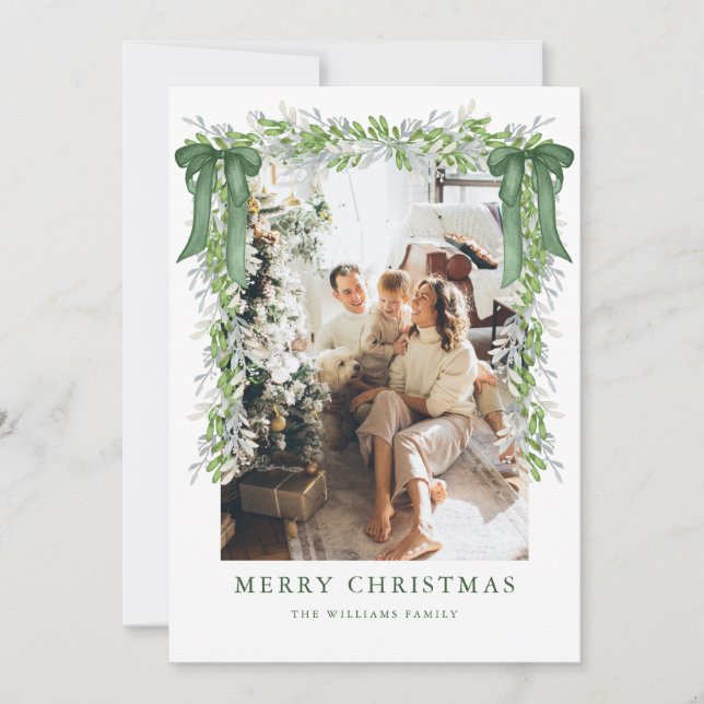 Green Bow Garland Christmas Photo Holiday Card Julkort (Framsida)