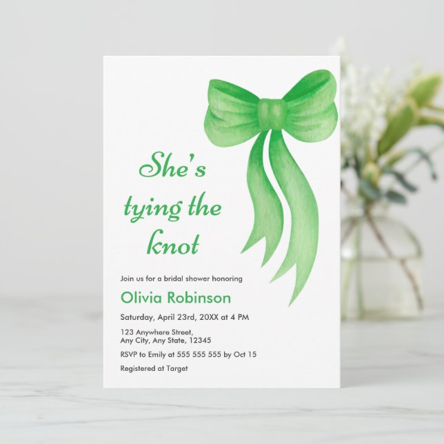 Green Bow She's Tying the Knot Bridal Shower   Inbjudningar (Stående Fram)