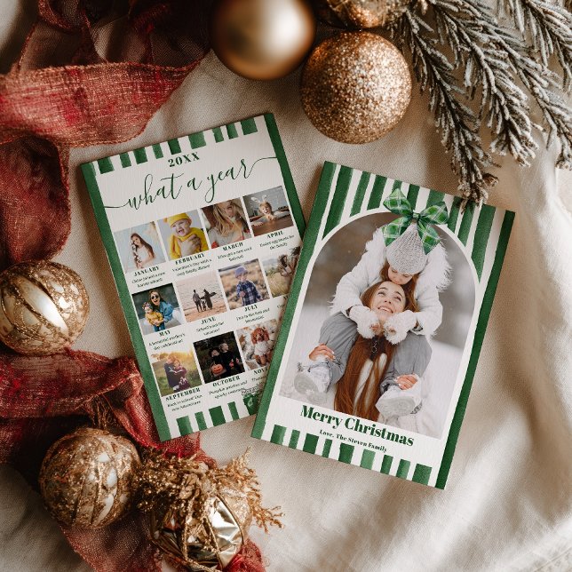Green Bow Stripe Plaid Christmas Photo Year Review Julkort (Green Bow Stripe Plaid Christmas Photo Year Review Holiday Card)