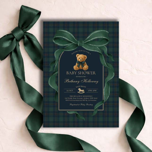 Green Bow Teddy Bear Polo Plaid Baby Shower Inbjudningar (Skapare uppladdad)