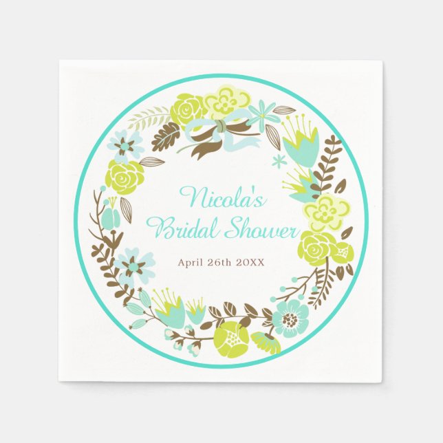 Green & Brown Floral Wreath Bridal Shower Pappersservett (Framsidan)