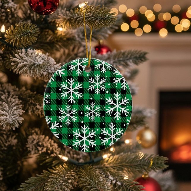 Green Buffalo Plaid Snowflake Julgransprydnad Keramik (Skapare uppladdad)