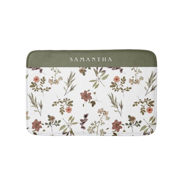 Green Burgundy Wildflower Monogram Name Badrumsmatta (Framsidan)