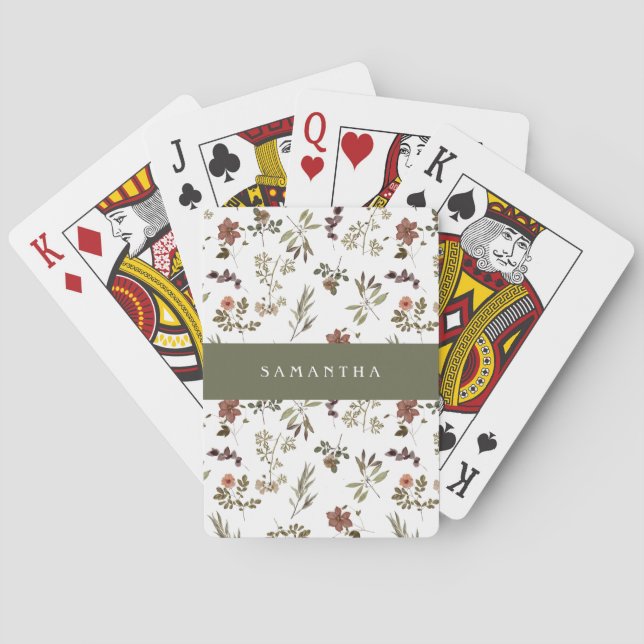 Green Burgundy Wildflower Monogram Name Casinokort (Baksidan)