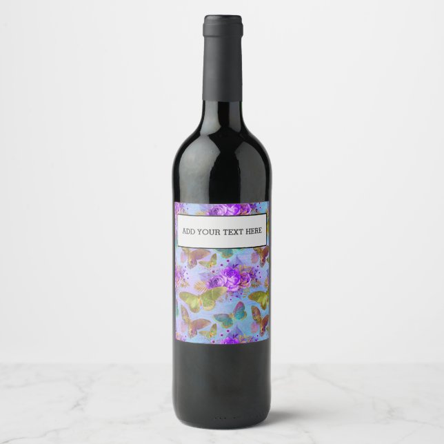 Green Butterfly Purple Rose Garden Pattern Vinflaska Etikett (Framsida)