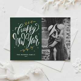 Green Calligraphy and Wreath New Year Photo Helg Vykort