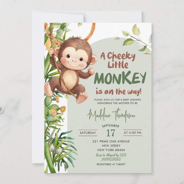 Green Cheeky Little Monkey on the way Baby Shower Inbjudningar (Framsida)