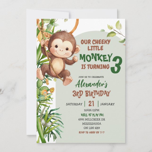 Green Cheeky Little Monkey Savannah Theme Birthday Inbjudningar (Framsida)