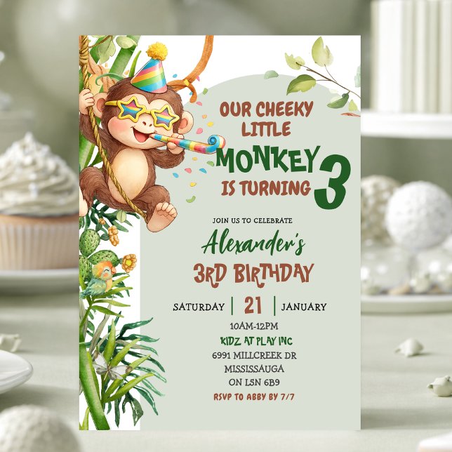 Green Cheeky Little Monkey Savannah Theme Birthday Inbjudningar (Skapare uppladdad)