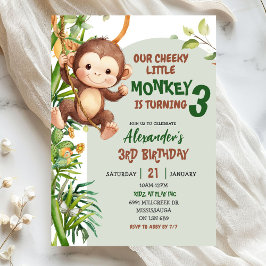 Green Cheeky Little Monkey Savannah Theme Birthday Inbjudningar