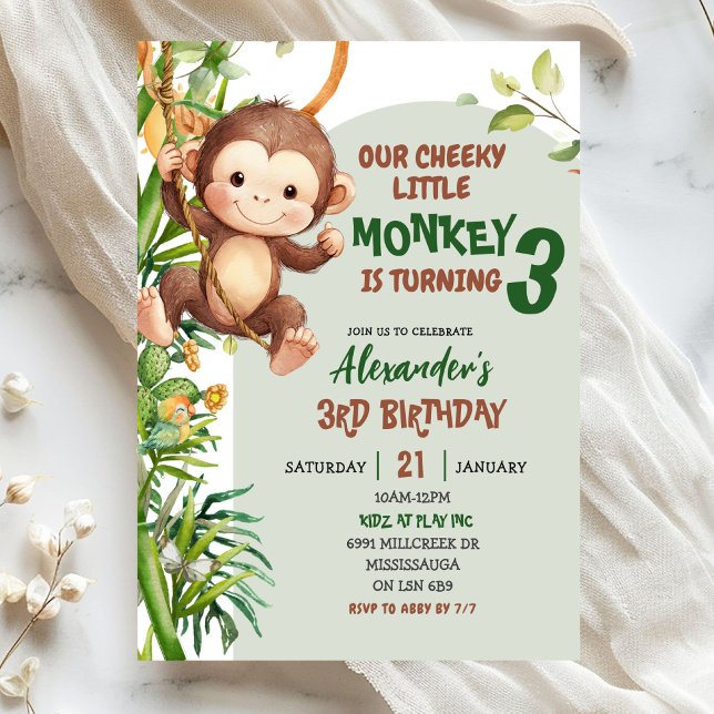 Green Cheeky Little Monkey Savannah Theme Birthday Inbjudningar (Skapare uppladdad)