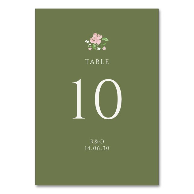 Green | Chic Floral Rose Wedding Table Number Card Bordsnummer (Framsidan)