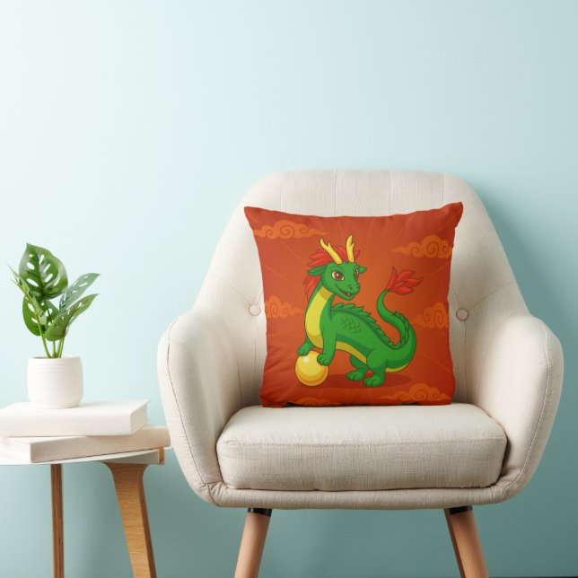 Green Chinese Dragon on Red Kudde (Stol)