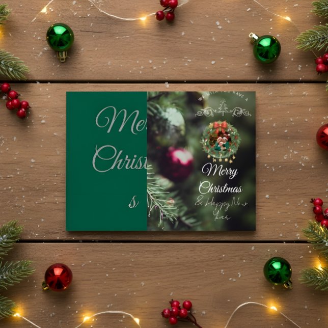 Green Christmas Card with Family Photo Inbjudningar (Skapare uppladdad)