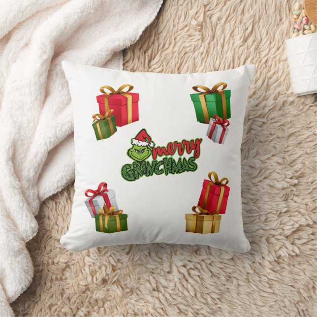 Green Christmas Creature with Gift Boxes Kudde (Filt)