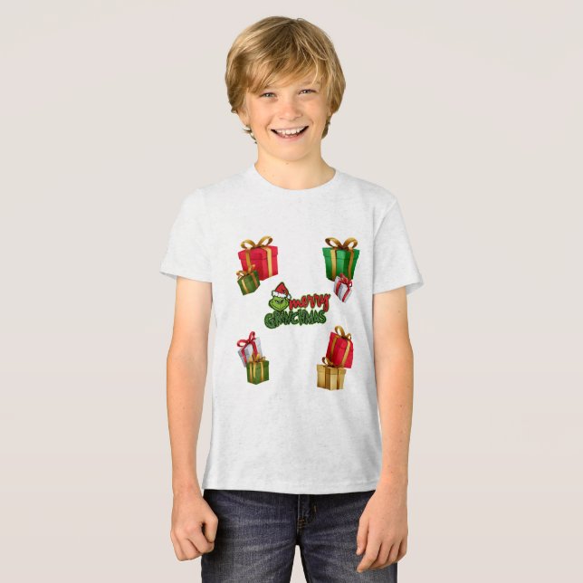 Green Christmas Creature with Gift Boxes T Shirt (Framsida Full)