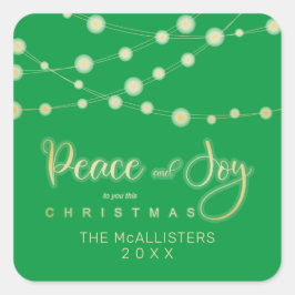 Green Christmas Lights Peace Joy Whimsical Script Fyrkantigt Klistermärke