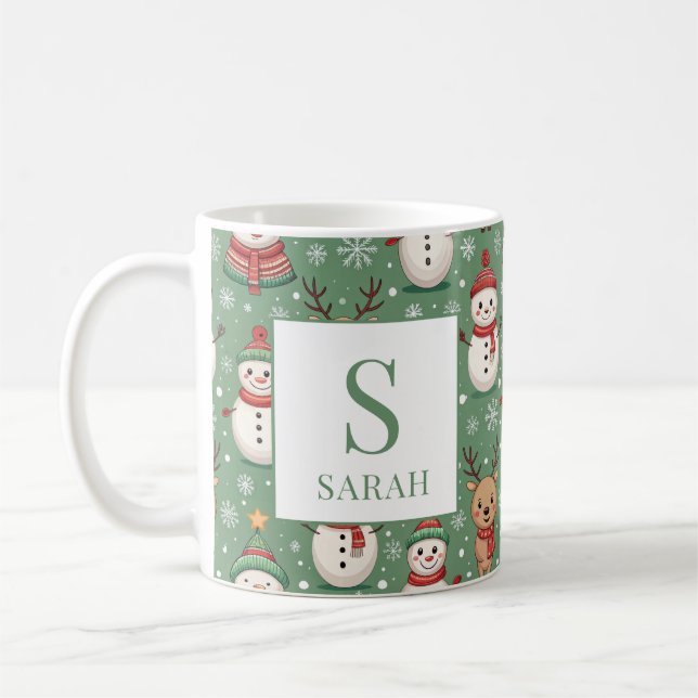 Green Christmas Snowman & Reindeer Monogram Name Kaffemugg (Vänster)
