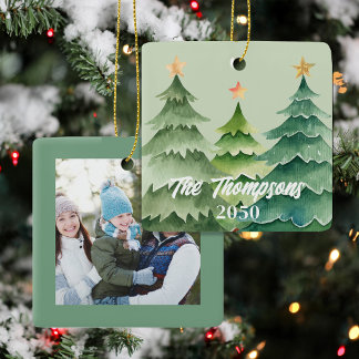 Green Christmas Tree Photo Holiday Custom Julgransprydnad Keramik