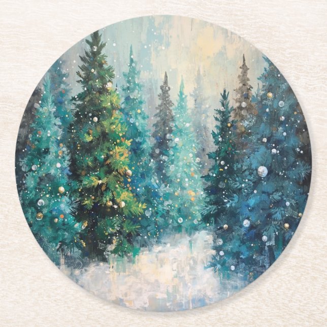 Green Christmas Trees Winter Forest Underlägg Papper Rund (Framsidan)