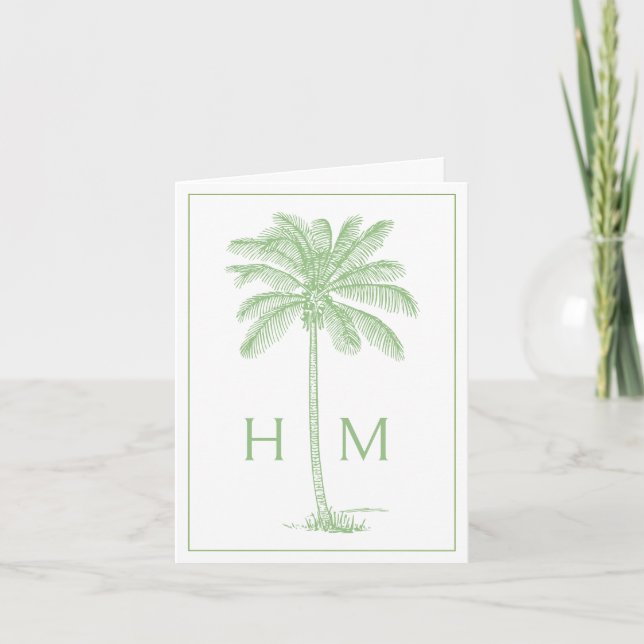 Green Coastal Palmetto Palm Monogram Anteckningskort (Framsida)