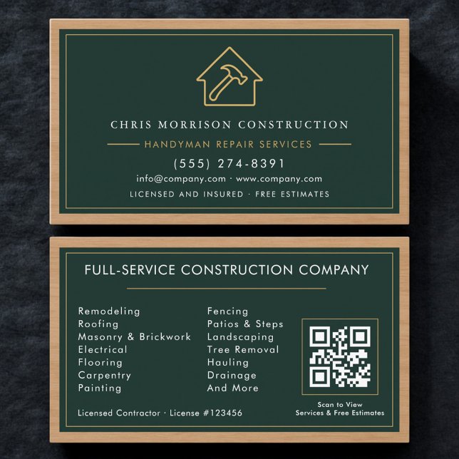 Green Construction Handyman QR Code Professional Visitkort (Skapare uppladdad)