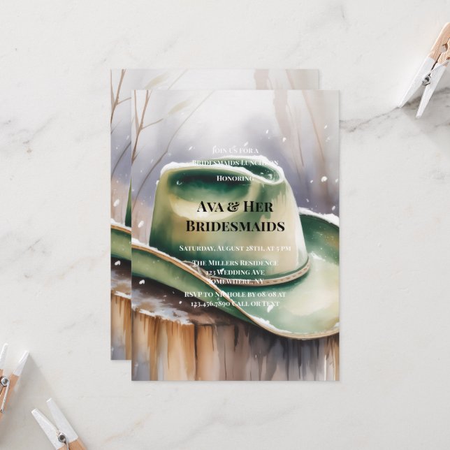 Green Cowboy Hat in Snow Bridesmaids Luncheon  Inbjudningar (Fram/Back In Situ)