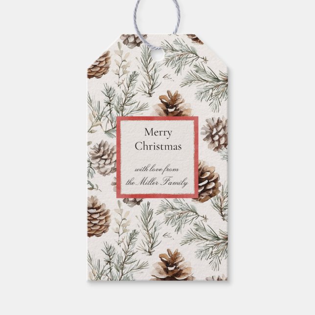 Green Cream Christmas Pine Cones Red Border Presentetikett (Framsidan)