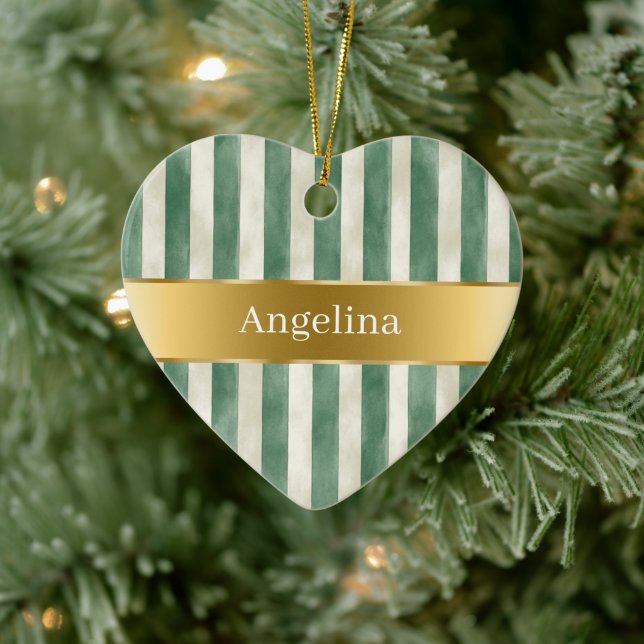 Green Cream White Stripes Gold Ribbon Christmas Julgransprydnad Keramik (Träd)
