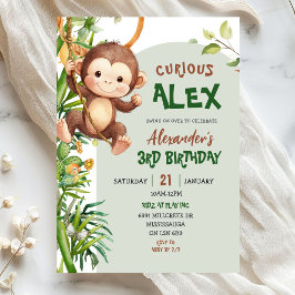 Green Curious Monkey Safari Theme Birthday Inbjudningar