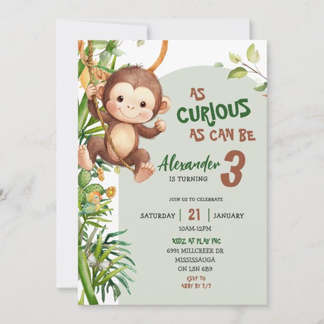 Green Curious Monkey Savannah Theme Birthday Inbjudningar (Framsida)