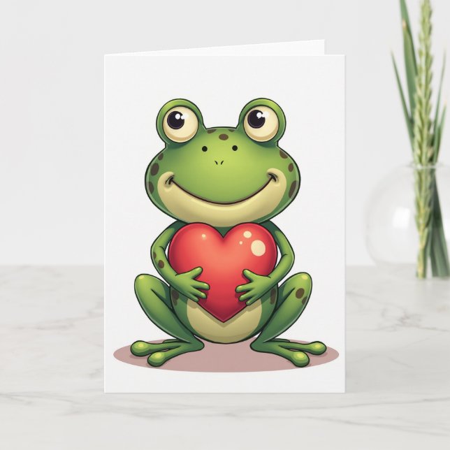 Green Cute Frog Heart Card Kort (Framsida)