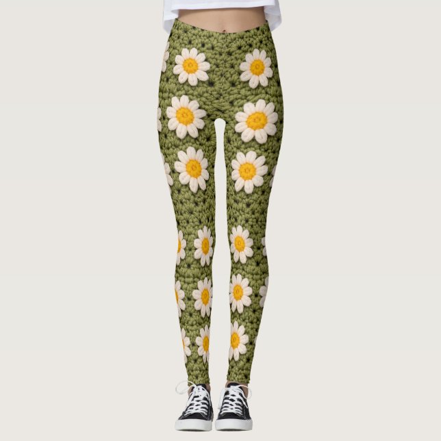 Green Daisy Granny Square Crochet Pattern Floral Leggings (Framsida)
