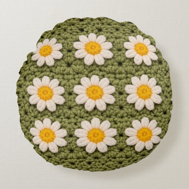 Green Daisy Granny Square Crochet Pattern Floral Rund Kudde (Framsidan)