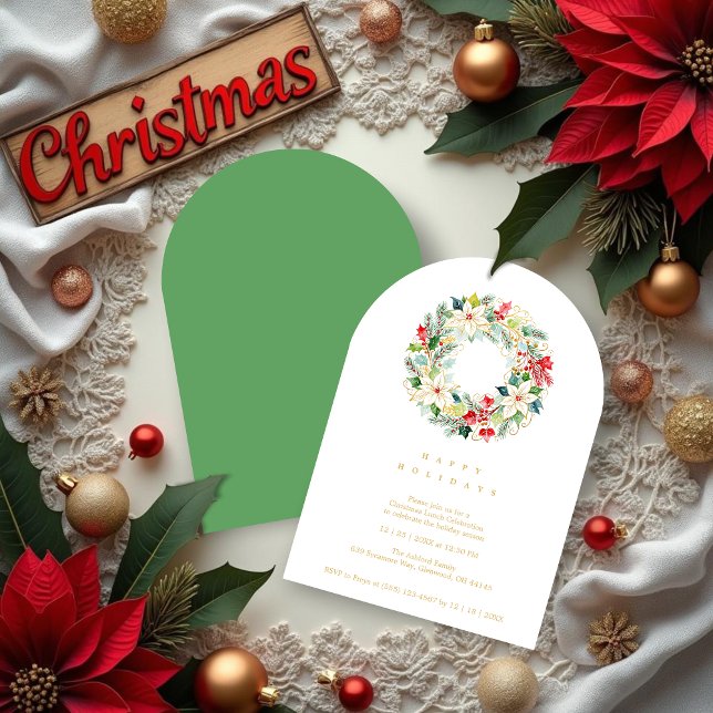 Green Delicate Chic Winter Christmas Wreath Party Inbjudningar (Delicate Chic Winter Christmas Wreath Holiday Party Invitations Cards in Digital Watercolor Style.)