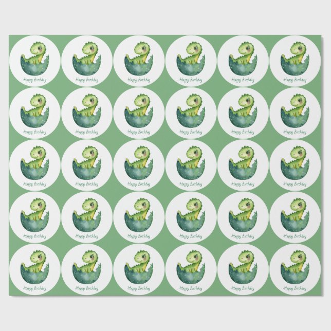Green Dinosaur Custom Watercolor Happy Birthday Presentpapper (Platt)