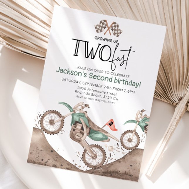 Green Dirt Bike 2nd birthday - Growing up two fast Inbjudningar (Green dirt bike growing up two fast, watercolor birthday invitation)