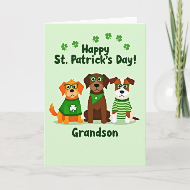 Green Dog Shamrocks Grandson Card Kort (Framsida)