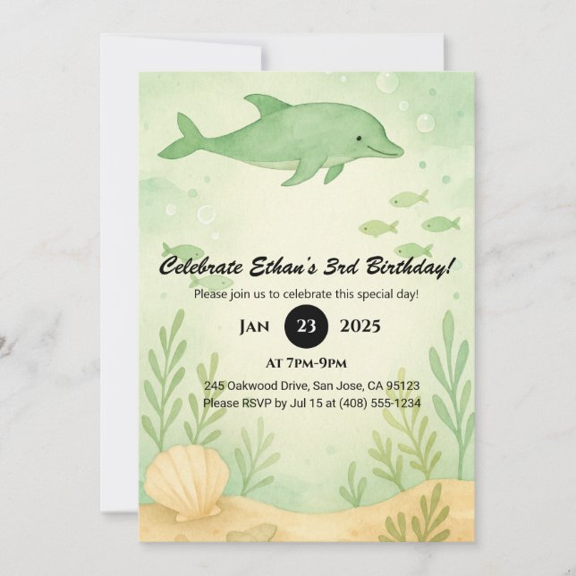 Green Dolphin & Undersea Garden Birthday  Inbjudningar (Framsida)