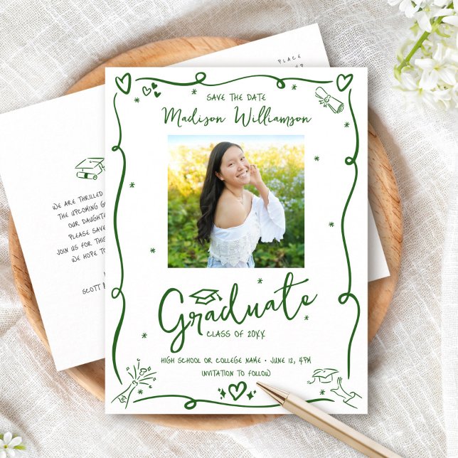 Green Doodles Graduation Save the Date Photo White Inbjudan Vykort (Skapare uppladdad)