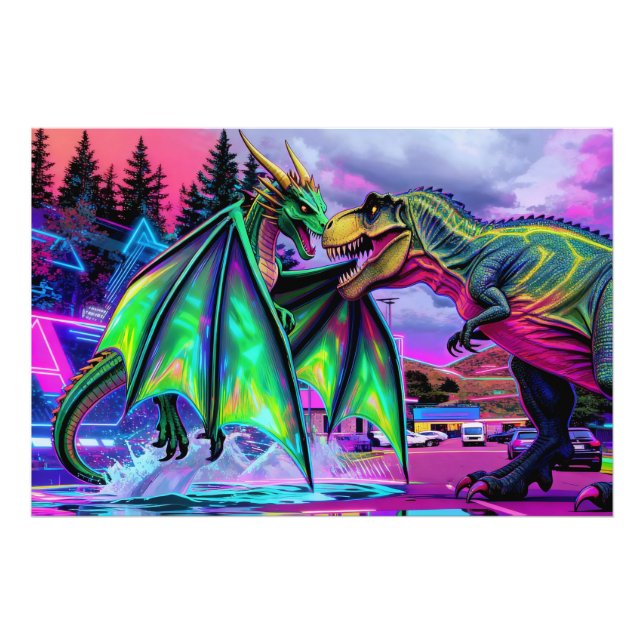 Green Dragon vs Dinosaur Fototryck (Framsidan)