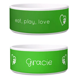 Green 'eat, play, love' Dog Name Bowl