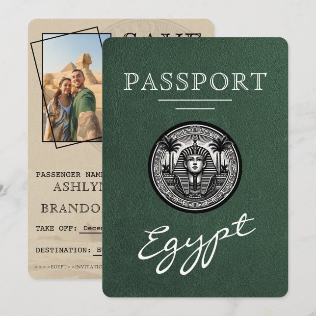 Green Egypt Passport Wedding Save the Date Spara Datumet (Fram/baksida)