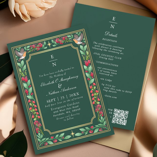 Green Enchanting Botanical Floral Wedding QR Code Inbjudningar (Skapare uppladdad)