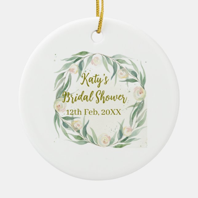Green eucalyptus floral bridal shower name date go julgransprydnad keramik (Framsidan)