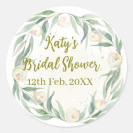 Green eucalyptus floral bridal shower name date go runt klistermärke