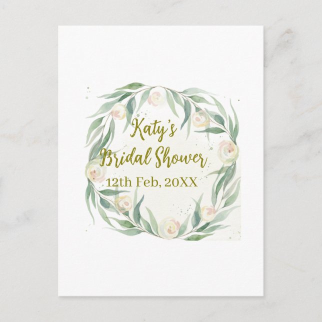 Green eucalyptus floral bridal shower name date go vykort (Framsida)